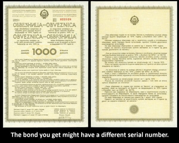 YUGOSLAVIA 1000 dinara 1976 / State Bond / UNC