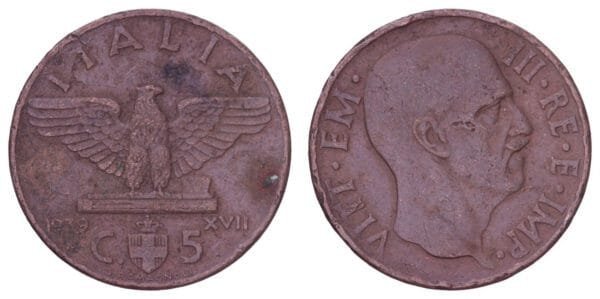 ITALY 5 centesimi 1939 / WWII issue / VF