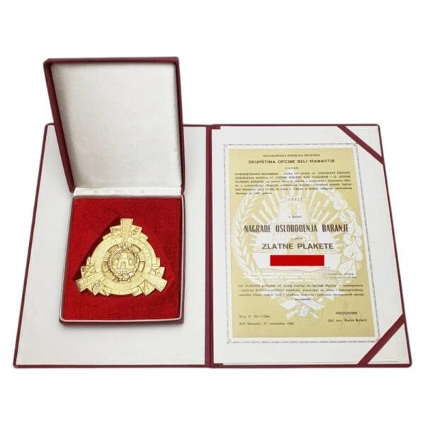 YUGOSLAVIA Croatia Baranja Liberation Award plaque / in case + diploma