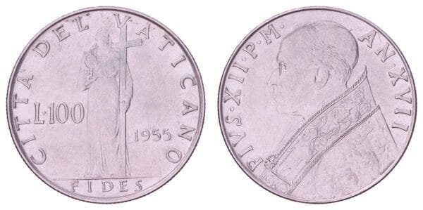 VATICAN CITY 100 lire 1955 VF