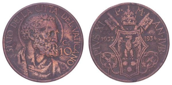 VATICAN CITY 10 centesimi 1933-1934 VF