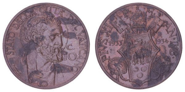 VATICAN CITY 10 centesimi 1933-1934 VF-