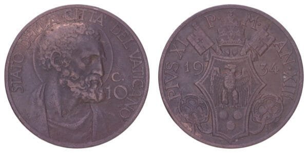 VATICAN CITY 10 centesimi 1934 VF