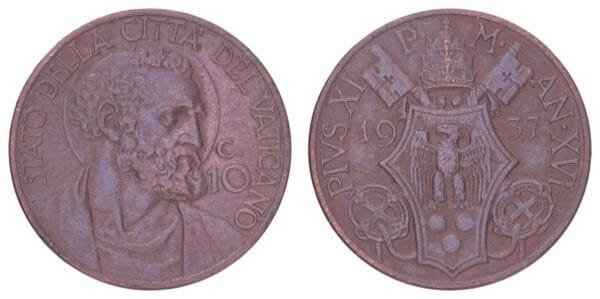 VATICAN CITY 10 centesimi 1937 VF