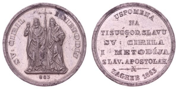 CROATIA 1863 Zagreb - St. Cyril and Methodius [USPOMENA NA TISUĆGOD. SLAVU SV. CIRILA I METODIJA SLAV. APOSTOLAH] by Franjo Karess / Tin medal / 5.35 g / 26 mm