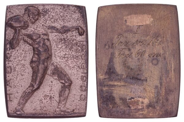 CROATIA Stone Thrower / HAŠK 1903-1923 by Robert Frangeš Mihanović / Silver plated Bronze plaque / 10.49 g. / 22 x 30 mm