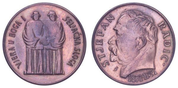 CROATIA Stjepan Radić, 1871-1991 [VJERA U BOGA I SELJAČKA SLOGA] by Emil Bohutinsky / Bronze token / 12.95 g / 32 mm