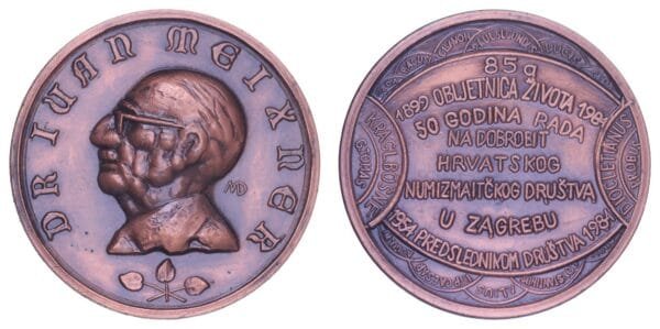 CROATIA Ivan Meixner / token of the Croatian Numismatic Society 1984 by Damir Mataušić / Bronze / 14.95 g / 29 mm