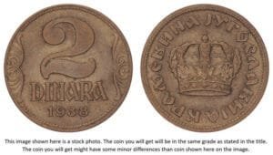 YUGOSLAVIA 2 dinara 1938 / Large Crown / VF+
