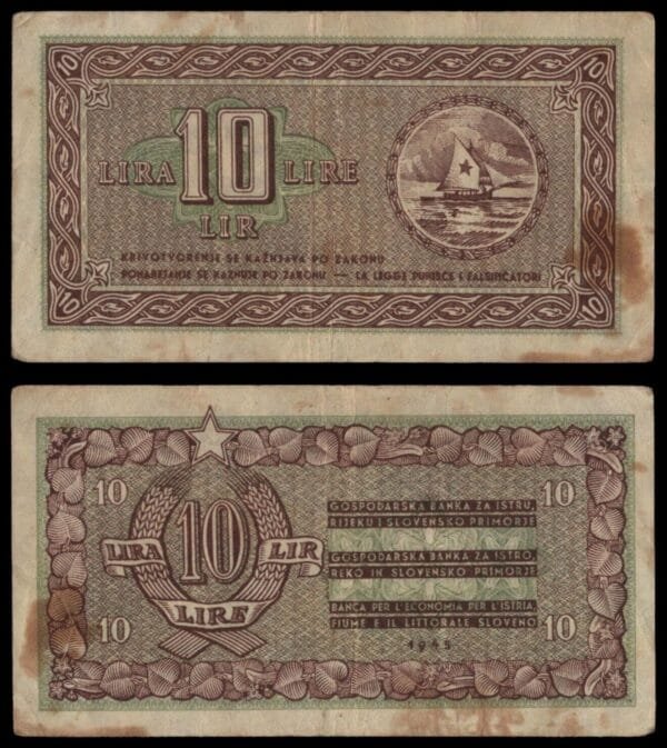 YUGOSLAVIA 10 lira 1945 / Economy Bank for Istra, Rijeka and Slovenian Littoral Region / VF-
