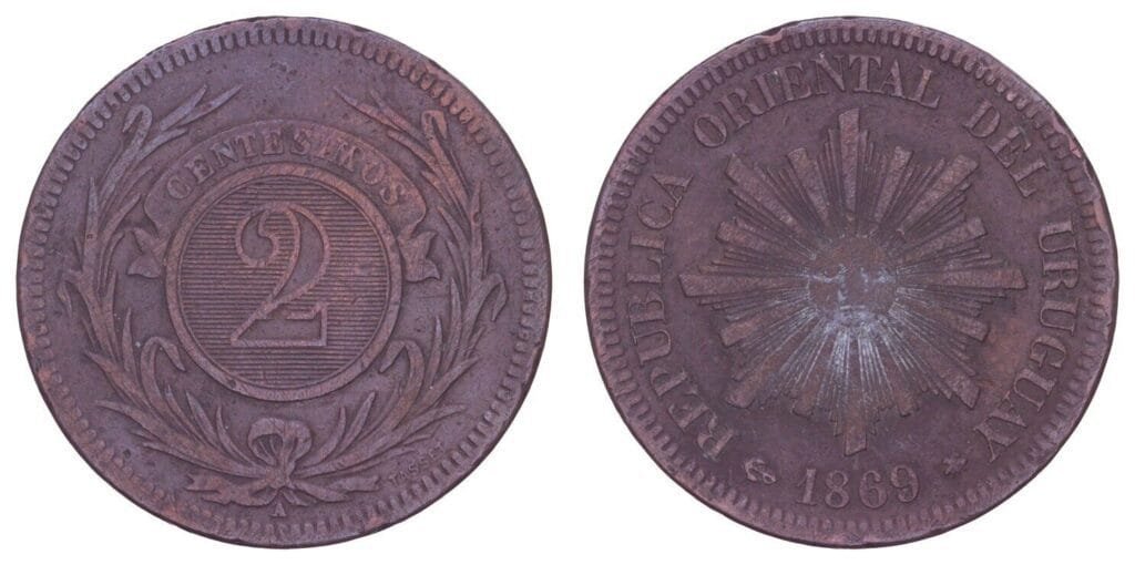 URUGUAY 2 centesimos 1869 VF-