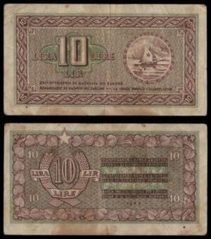 YUGOSLAVIA 10 lira 1945 / Economy Bank for Istra, Rijeka and Slovenian Littoral Region / VF-