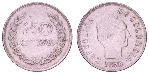 COLOMBIA 20 centavos 1970 VF-