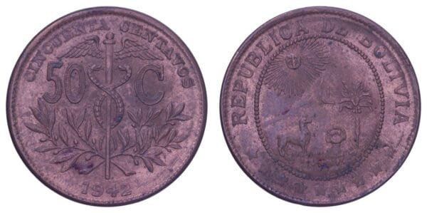 BOLIVIA 50 centavos 1942 VF+
