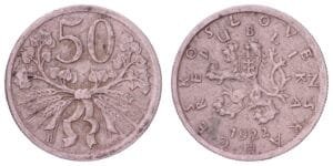 CZECHOSLOVAKIA 50 haleru 1922 VF