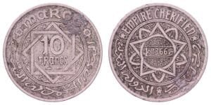 MOROCCO 10 francs AH1366 VF