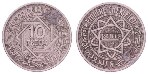 MOROCCO 10 francs AH1366 VF