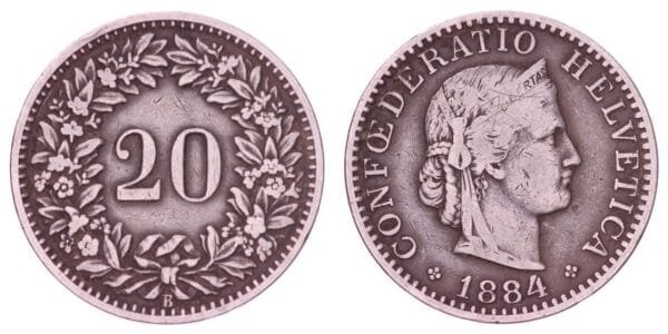 SWITZERLAND 20 rappen 1884 VF-