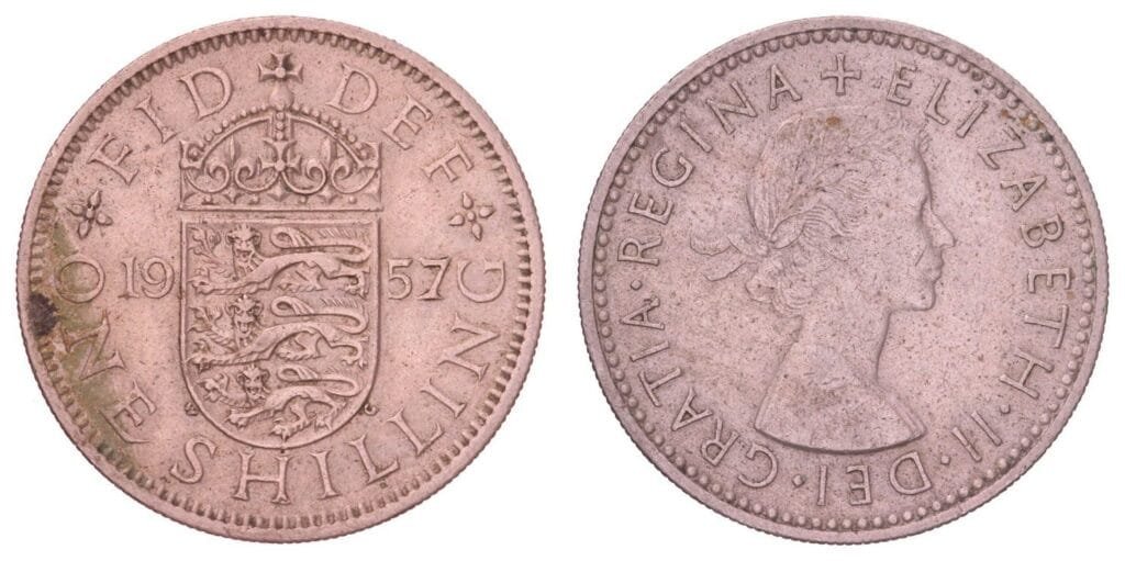 VELIKA BRITANIJA 1 šiling 1957. / Engleski grb / VF-