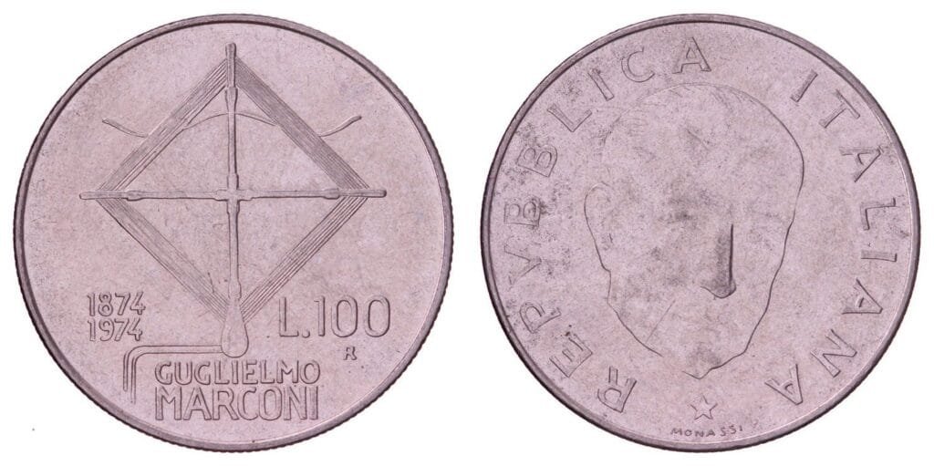 ITALY 100 lire 1974 / 100th Anniversary of the Birth of Guglielmo Marconi / XF