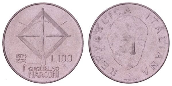 ITALY 100 lire 1974 / 100th Anniversary of the Birth of Guglielmo Marconi / XF