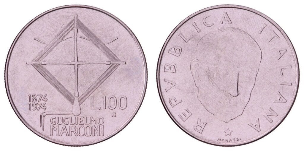 ITALY 100 lire 1974 / 100th Anniversary of the Birth of Guglielmo Marconi / XF