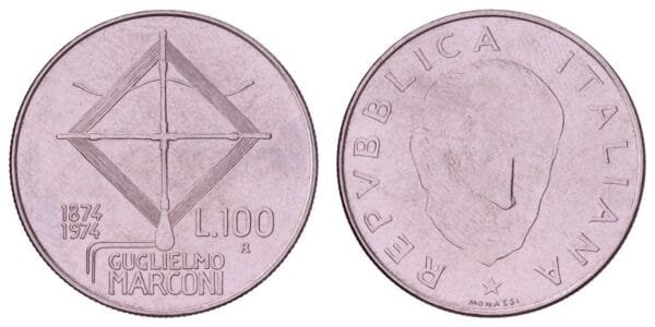 ITALY 100 lire 1974 / 100th Anniversary of the Birth of Guglielmo Marconi / XF