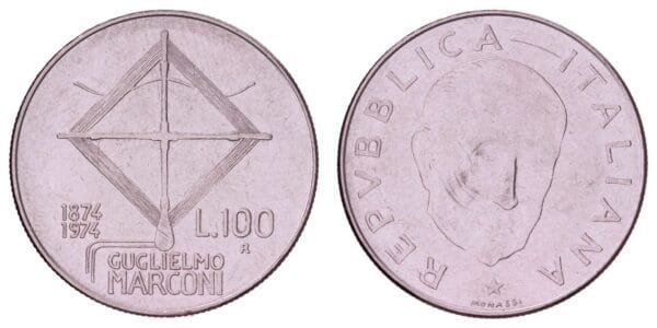 ITALY 100 lire 1974 / 100th Anniversary of the Birth of Guglielmo Marconi / VF