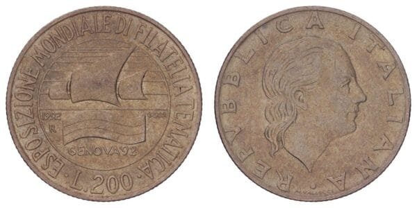 ITALY 200 lire 1992 / World Exhibition of Thematic Philately - Genoa'92 / VF