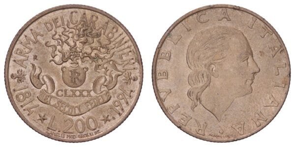 ITALY 200 lire 1994 / 180th Anniversary of the Foundation of the Carabinieri / XF