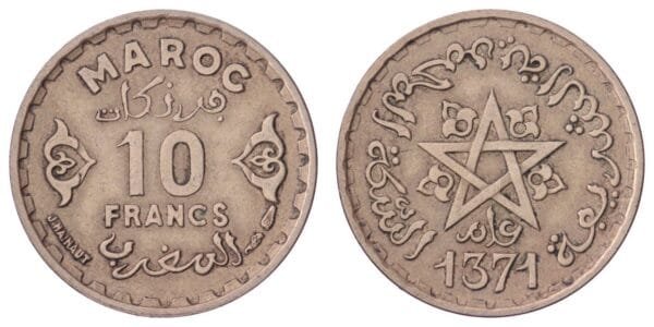 MOROCCO 10 francs AH1371 VF