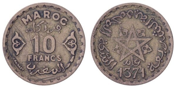 MOROCCO 10 francs AH1371 VF-