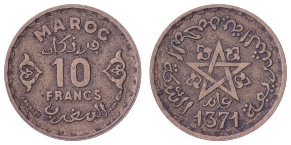 MOROCCO 10 francs AH1371 VF