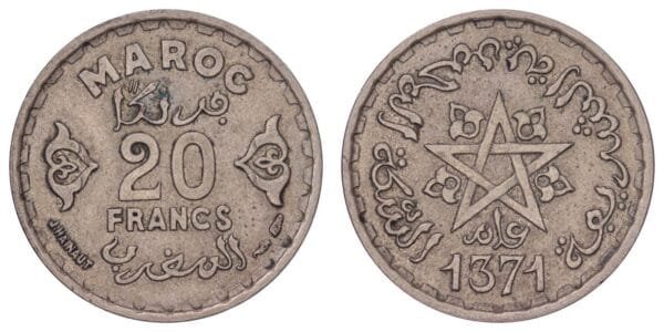 MOROCCO 20 francs AH1371 VF
