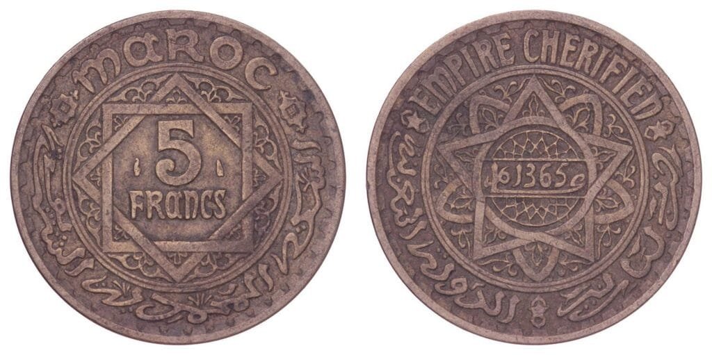 MOROCCO 5 francs AH1365 VF