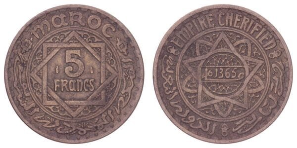 MOROCCO 5 francs AH1365 VF