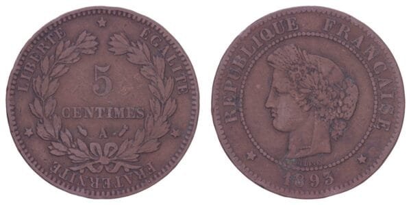 FRANCE 5 centimes 1893A VF