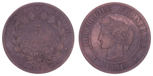 FRANCE 5 centimes 1881A VF-
