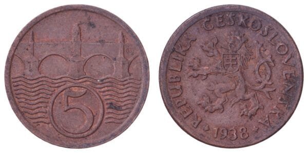CZECHOSLOVAKIA 5 haleru 1938 VF