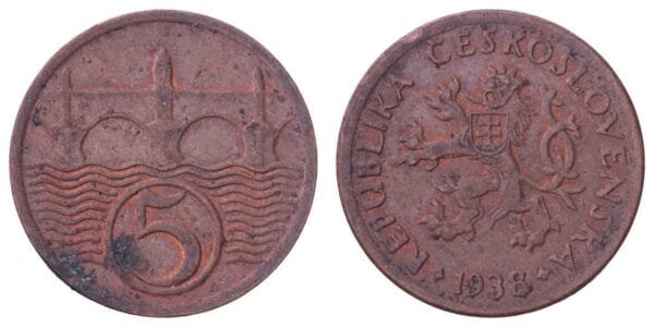 CZECHOSLOVAKIA 5 haleru 1938 VF
