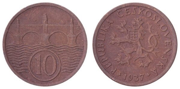 CZECHOSLOVAKIA 10 haleru 1937 VF