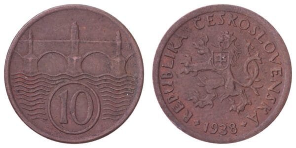 CZECHOSLOVAKIA 10 haleru 1938 VF