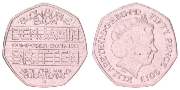 GREAT BRITAIN 50 pence 2013 / 100th Anniversary of the Birth of Sir Benjamin Britten / VF+