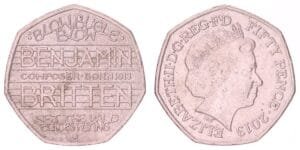 GREAT BRITAIN 50 pence 2013 / 100th Anniversary of the Birth of Sir Benjamin Britten / VF+