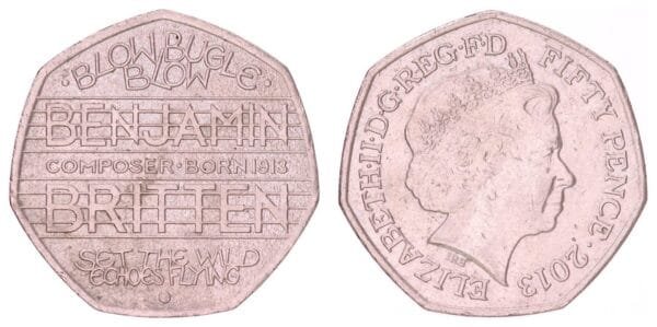 GREAT BRITAIN 50 pence 2013 / 100th Anniversary of the Birth of Sir Benjamin Britten / VF+