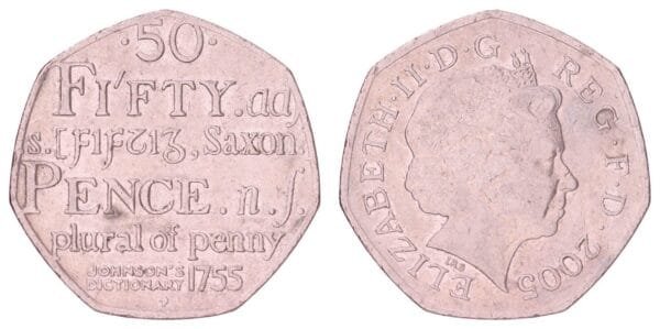 GREAT BRITAIN 50 pence 2005 / 250th Anniversary of the Publication of the First English Dictionary / VF