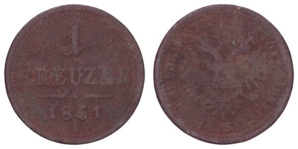 AUSTRIA 1 kreuzer 1851A F-