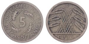 GERMANY 5 reichspfennig 1925E / Weimar Republic / VF