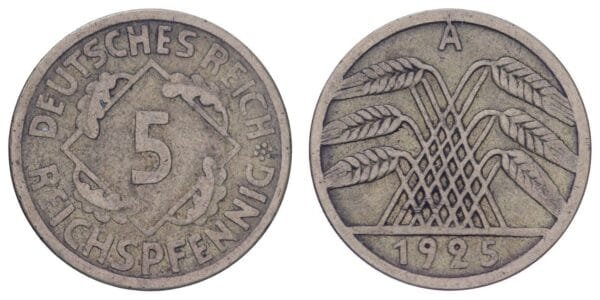 GERMANY 5 reichspfennig 1925A / Weimar Republic / VF