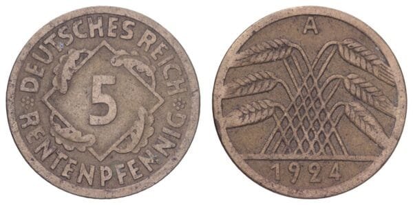 GERMANY 5 rentenpfennig 1924A / Weimar Republic / VF